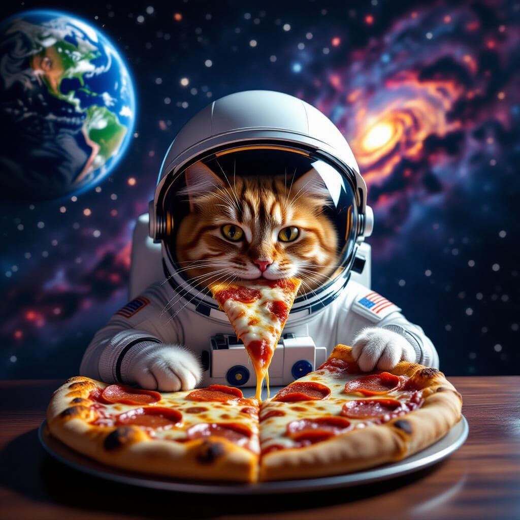 Photorealistic Ginger Cat Eating Pizza in Space
