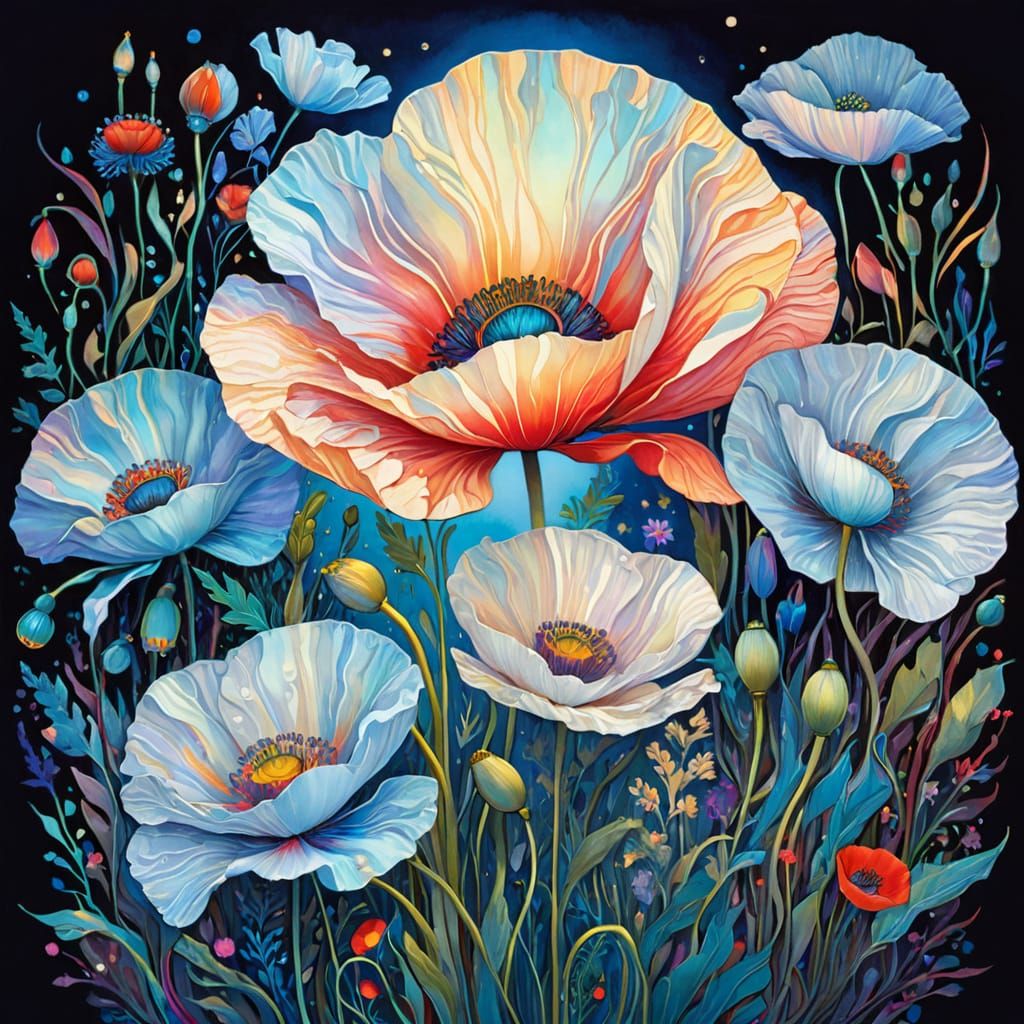 Vibrant Surreal Poppy in Ethereal Twilight Landscape