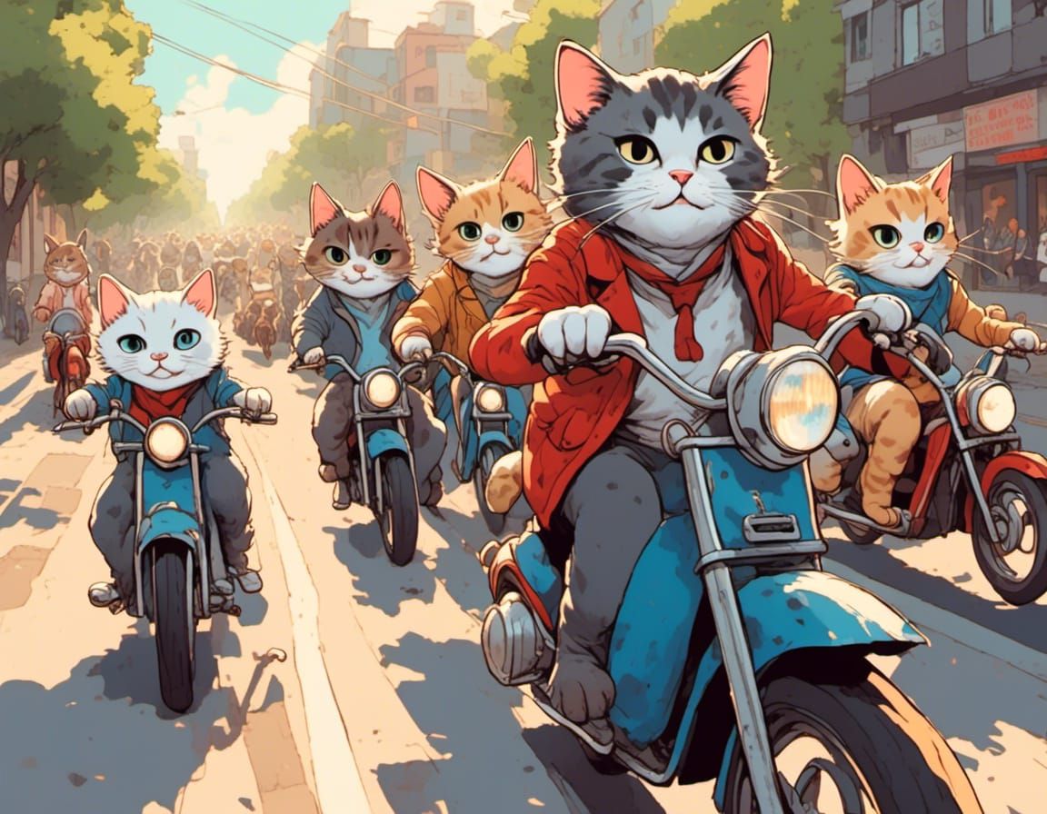 Hyperreal Anthropomorphic Cats Motorcycle Road Race