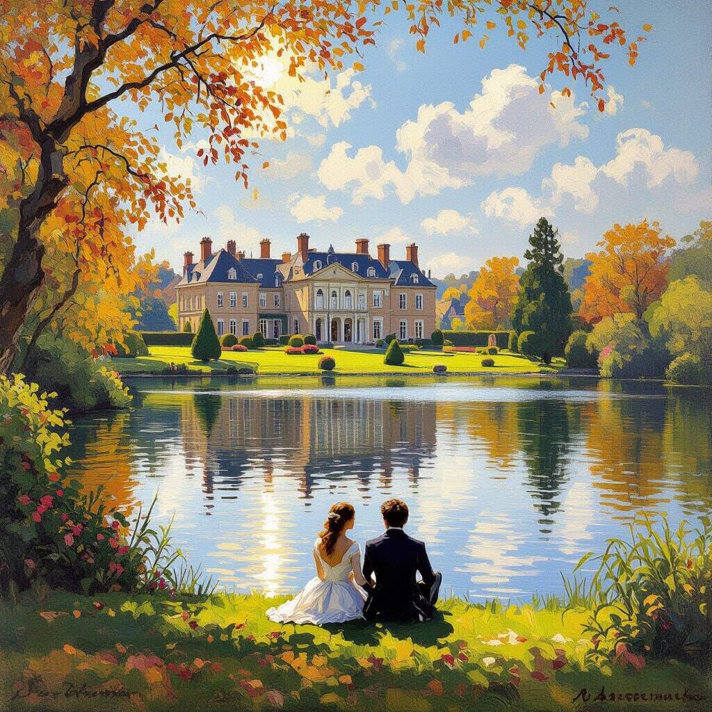 Elizabethan Estate by Serene Lake, Impressionist Style