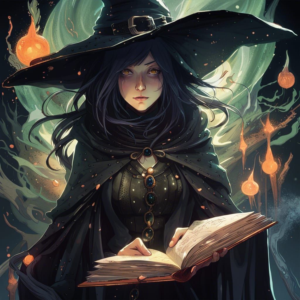 Sinister Witch with Book, Anime Style