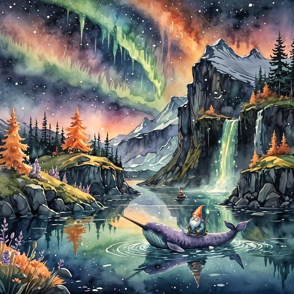 Gnome Rides Narwhal in Watercolor Icelandic Landscape