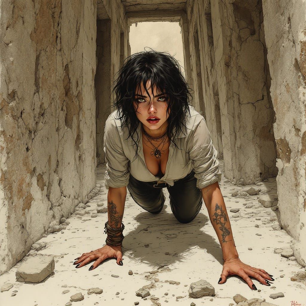 Exhausted Tomb Raider in Sepia Comic Style