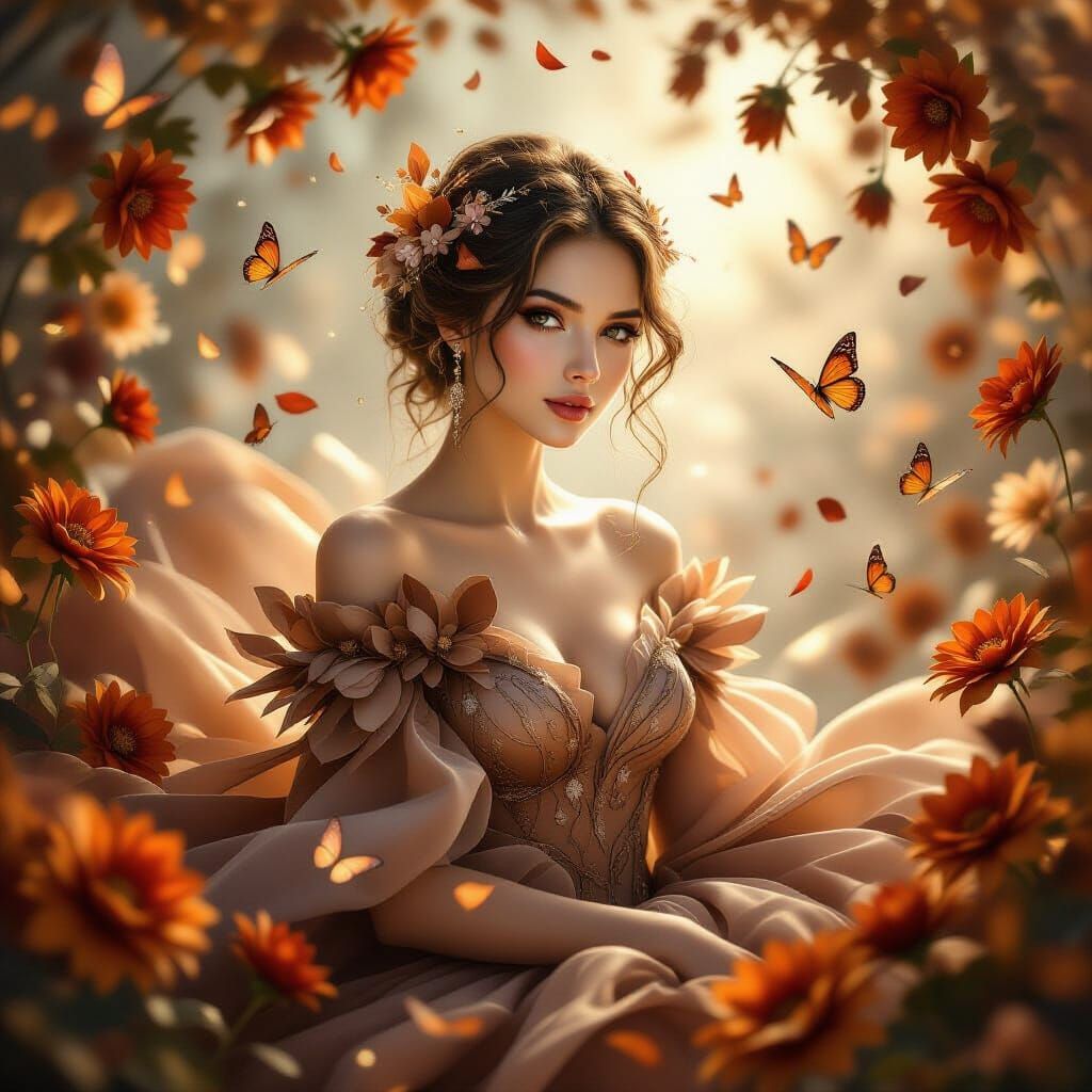 Ethereal Woman in Petal Gown Amidst Glowing Butterflies
