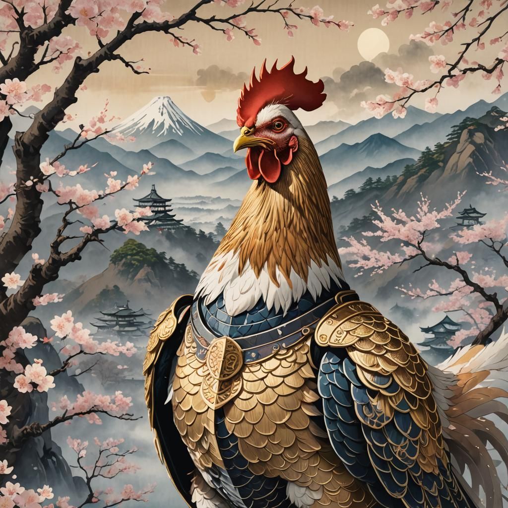 Majestic Chicken Samurai in Ukiyo-e Style