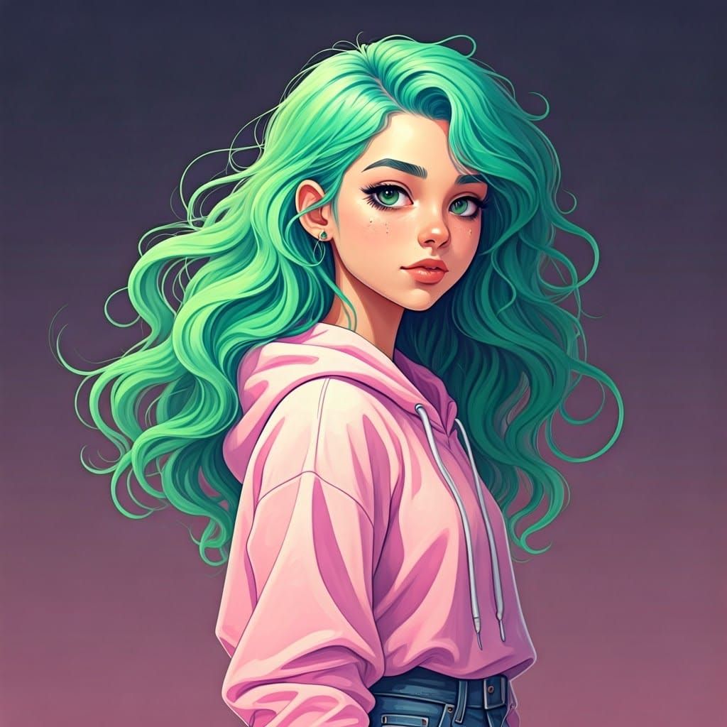 Futuristic Portrait of Girl with Green Hair