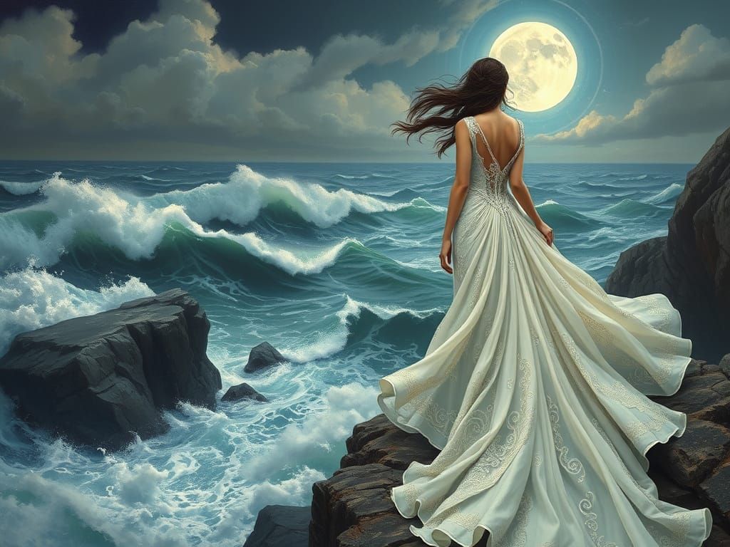Ethereal Woman on Windswept Cliff in Muted Blues and Silvers