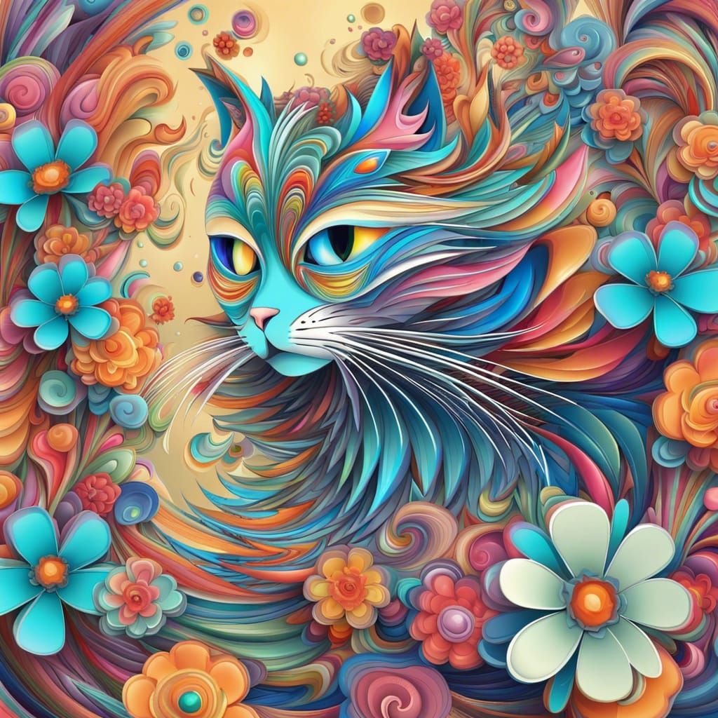 Colorful 3D Cat with Abstract Floral Design