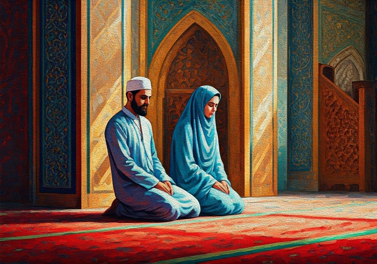 Devout Muslim Couple in Prayer, in a Traditional Mosque Sett...