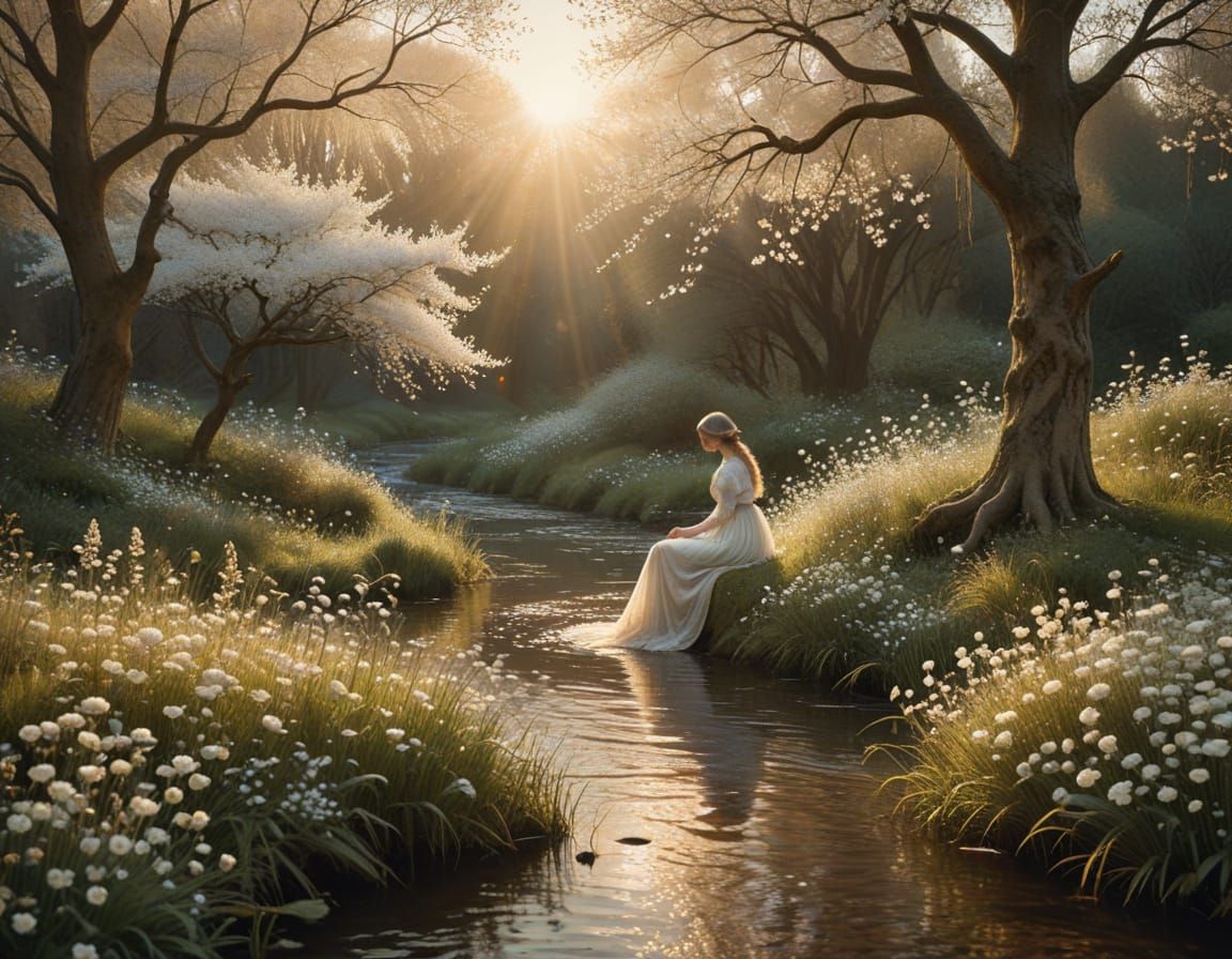 Whimsical Streamside Scene in Dreamy, Ethereal Style