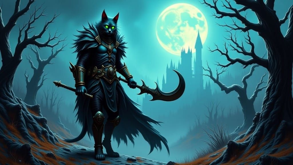 Mystical Cat Warrior in Gothic Landscape