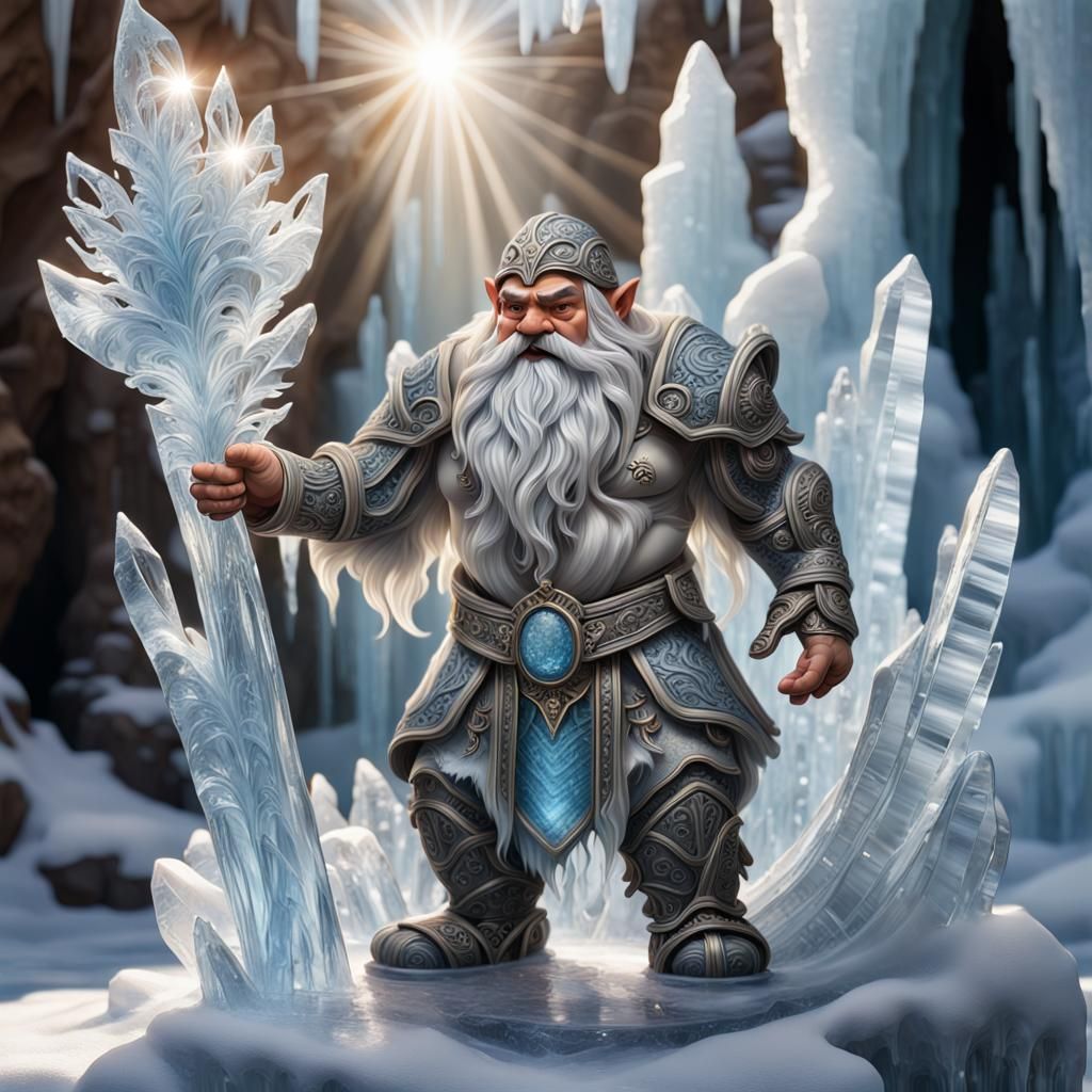 artwork captures the mesmerizing beauty of sunlight cascading onto an exquisitely sculpted ice dwarf.