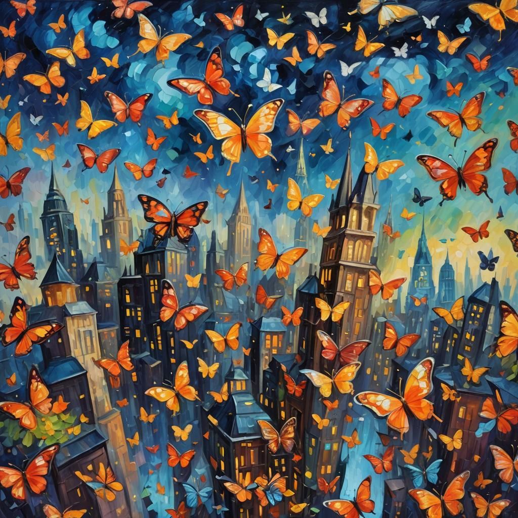 Floating Night City Surrounded by Butterflies in Neo-Impress...