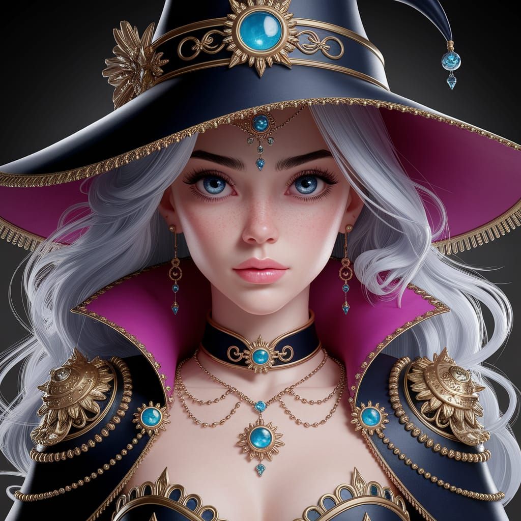 Cute Sorceress in Detailed Black Ink Linework