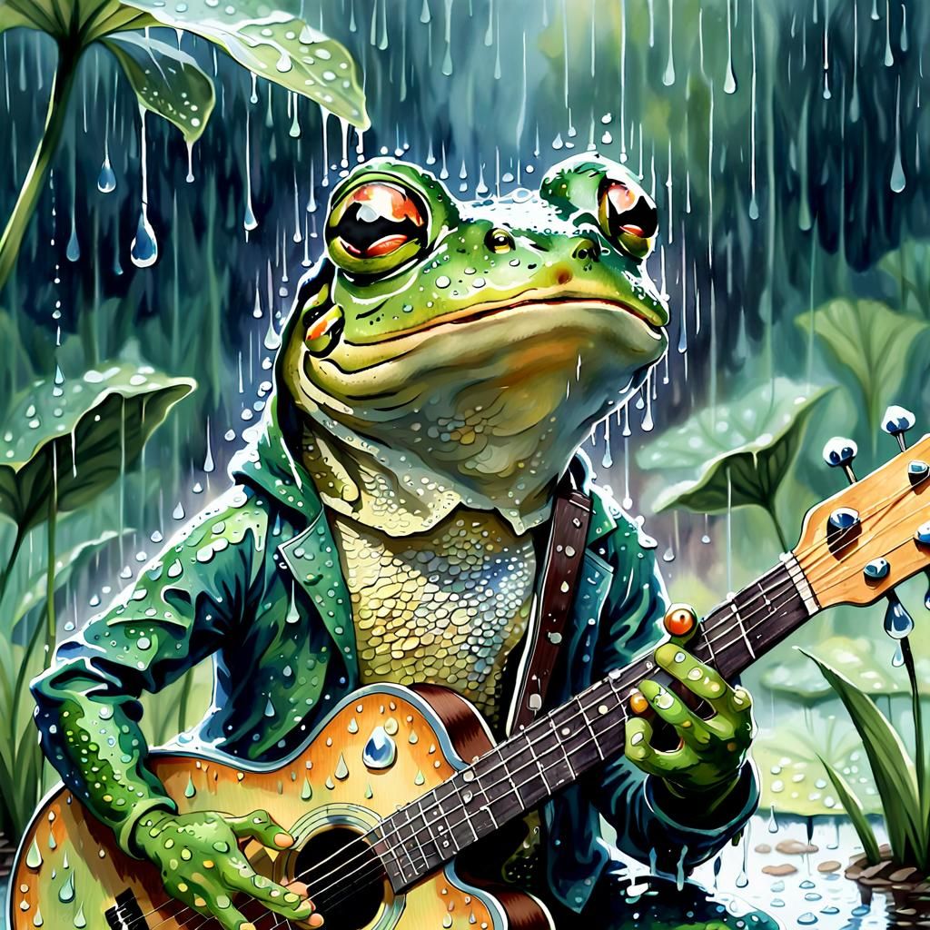 Frog Serenades the Rain: Whimsical Watercolor Portrait