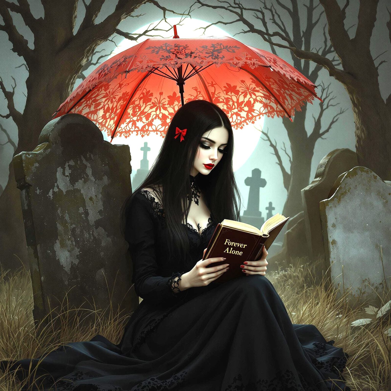 Gothic Girl in Graveyard, Airbrush Oil Painting