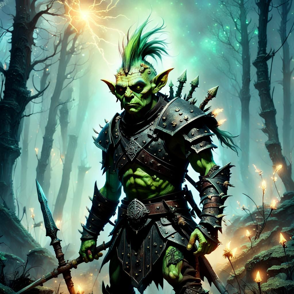 Goblin Warrior in Misty Ruins, Fantasy Illustration