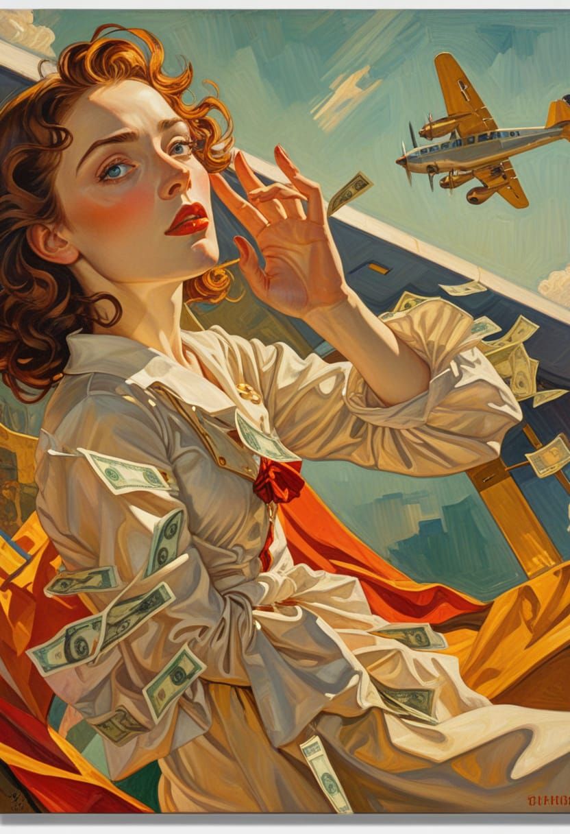 Woman Throws Money From Airplane: Expressionist Oil Painting