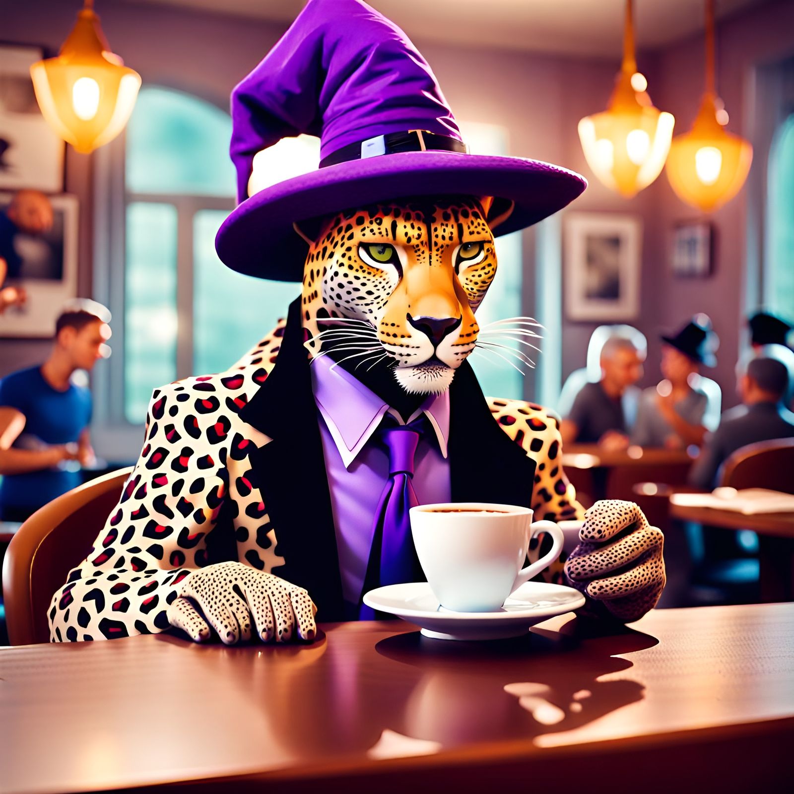 Leopard Humanoid in Witch Hat Drinks Coffee