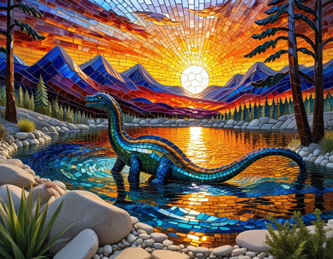 Spectacular Glass Mosaic of Nessie in Sunset Loch Ness Scene