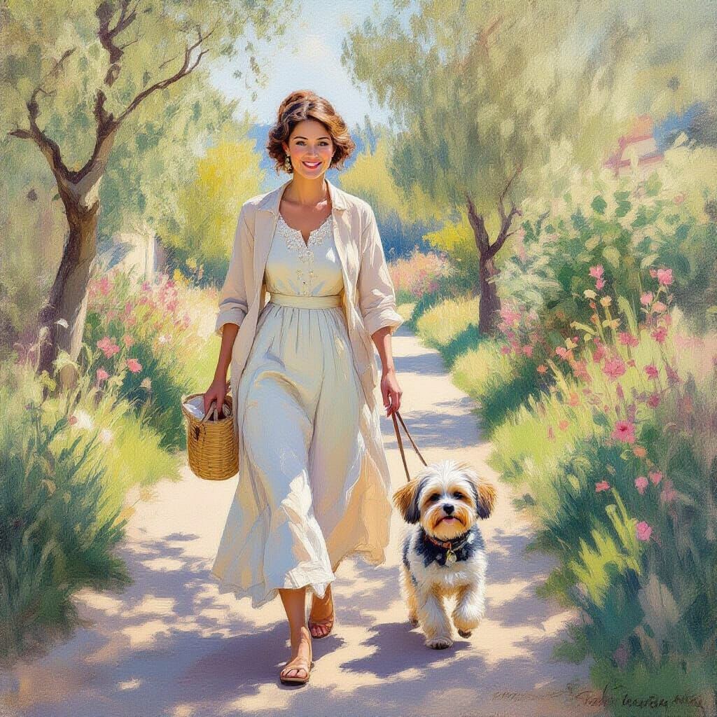 Woman and Dog in Impressionist Style