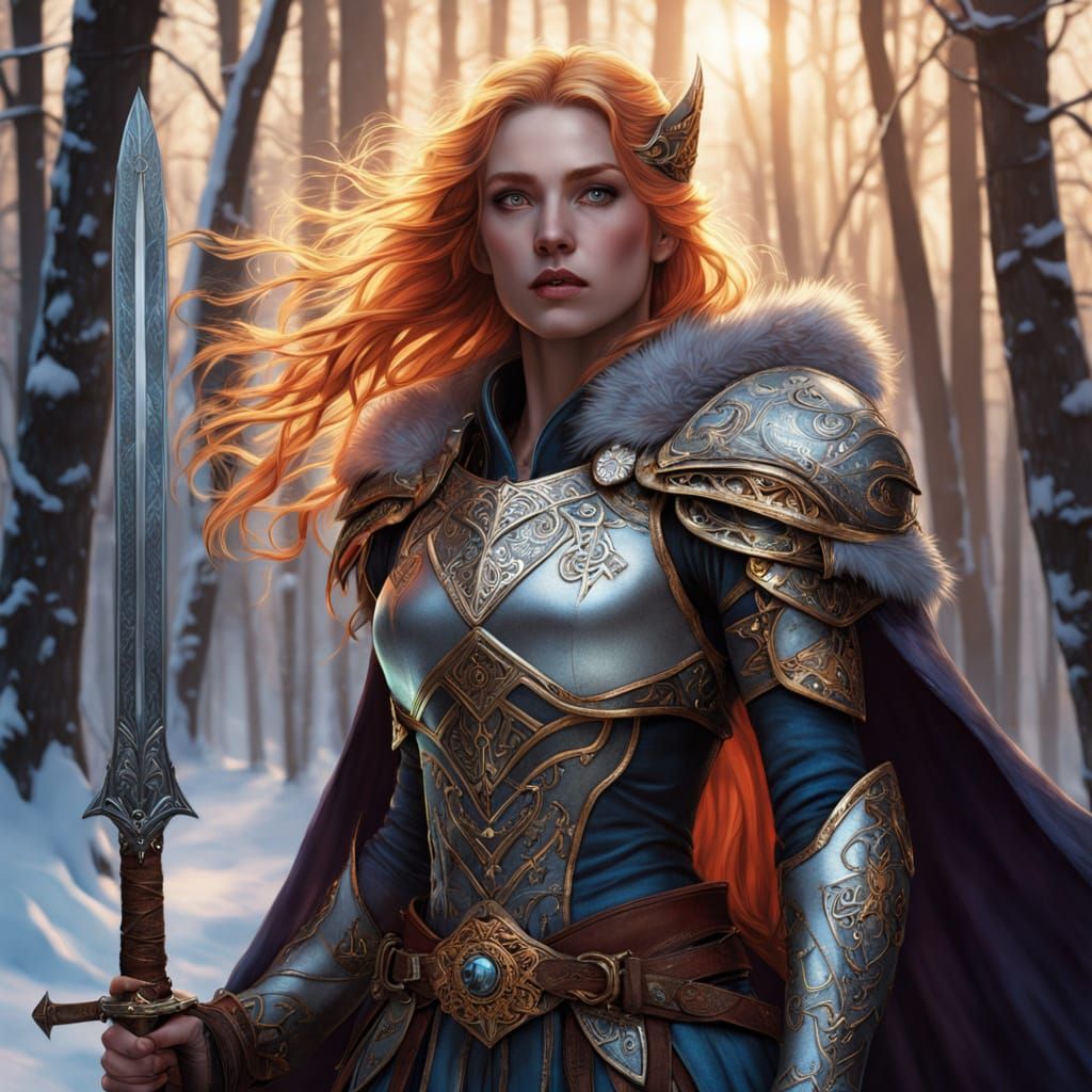 Fierce Elven Warrior in Snowy Forest, Cinematic Light