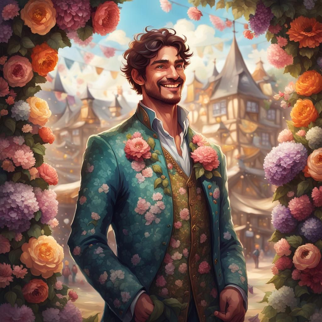 Smiling Vendor at Spring Fair in Hyperdetailed Digital Art