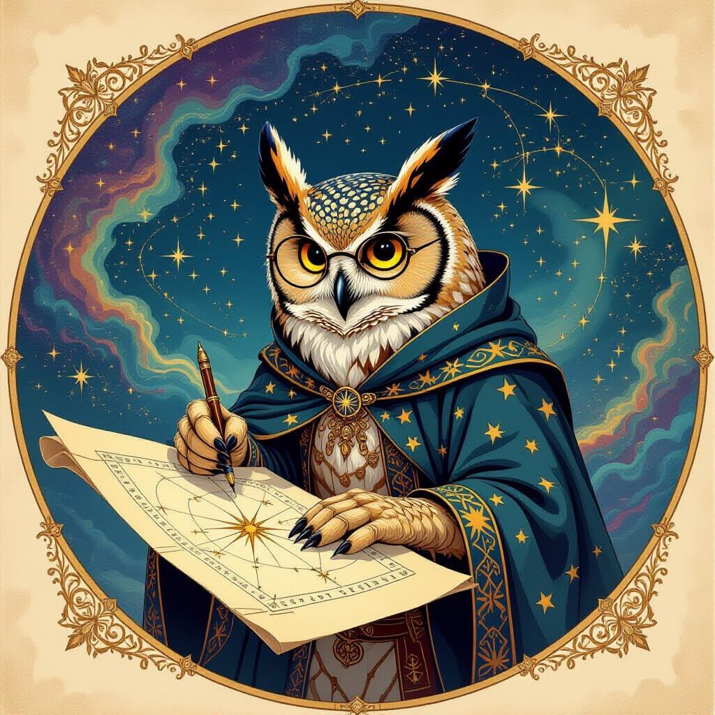 Celestial Owl Cartographer Charts Stars in Fantasy Style