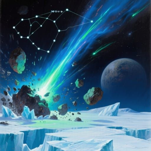 Meteor Shower on Ice Planet in Orion Constellation