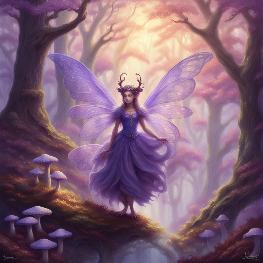 Purple Fey Imp in Ethereal Forest Oil Painting