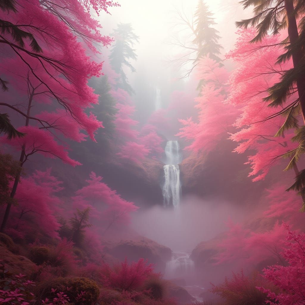 Lush Pink Forest Landscape with Serene Waterfall