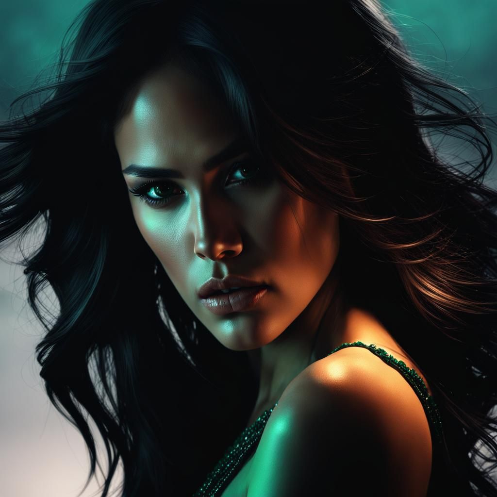 Eiza Portrait with Emerald Eyeshadow and Dramatic Lighting