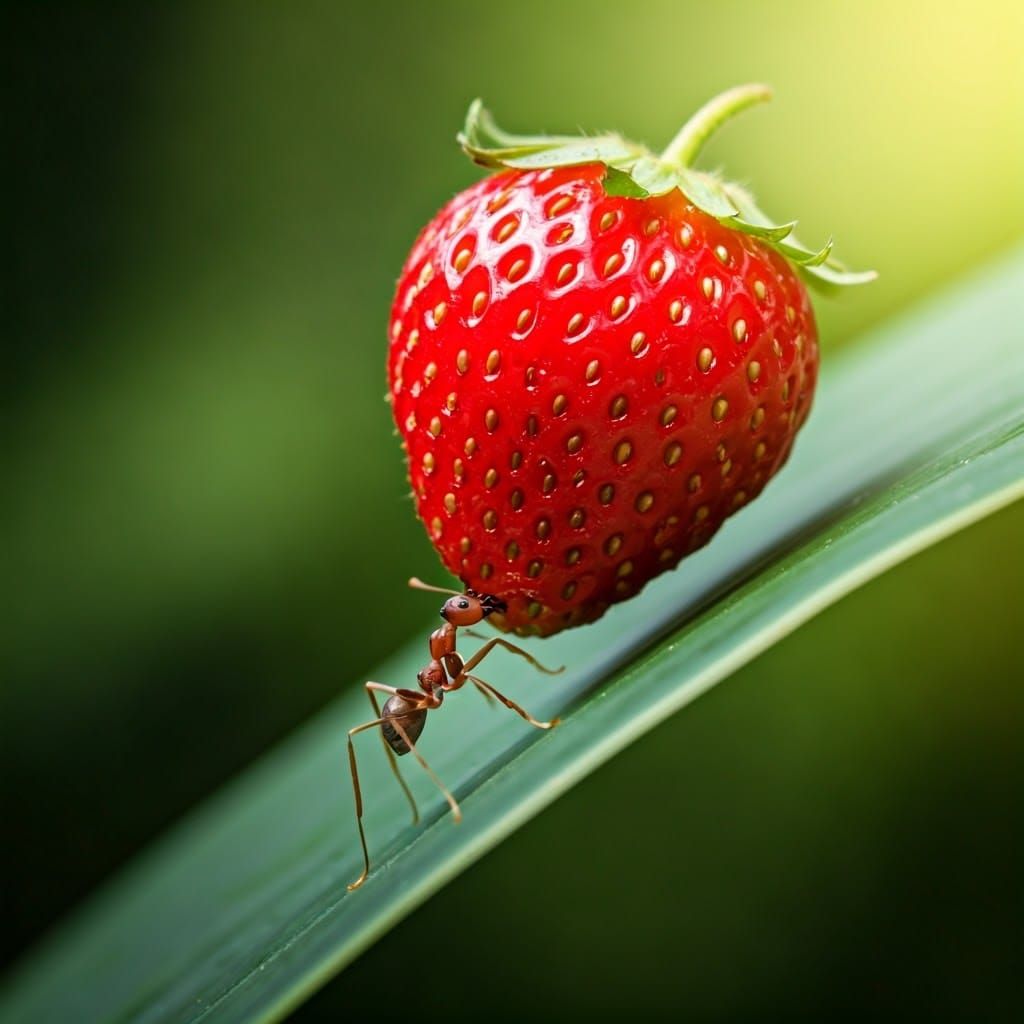Tiny Ant Carries Enormous Strawberry in Jungle Setting