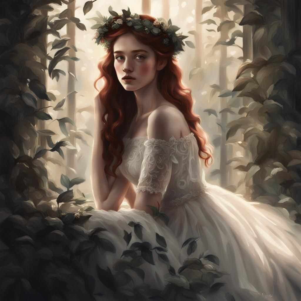 Pensive Woman in Lush Setting: Hyperrealistic Digital Art