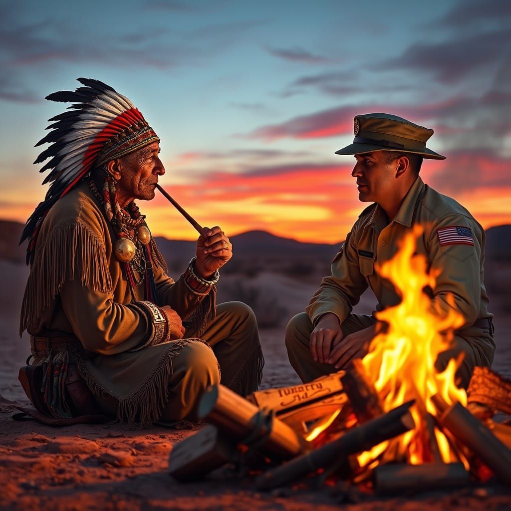 Native American and Soldier Share Desert Campfire