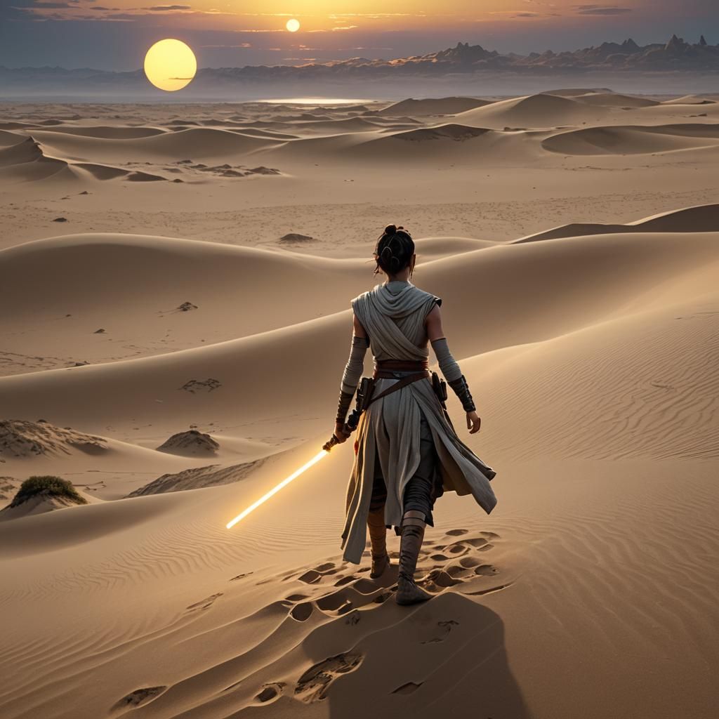 Rey Skywalker Poses on Tatooine with Lightsaber