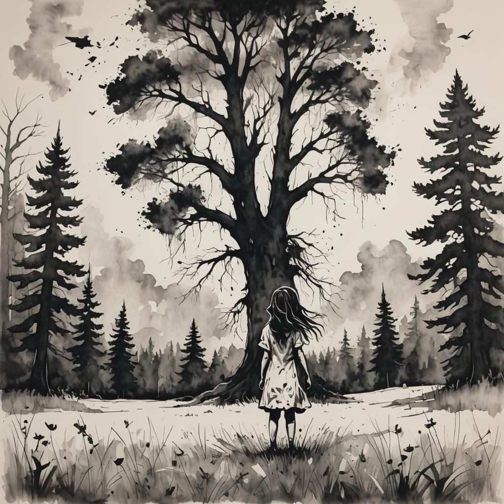 Stylized Ink Drawing of Girl in Meadow