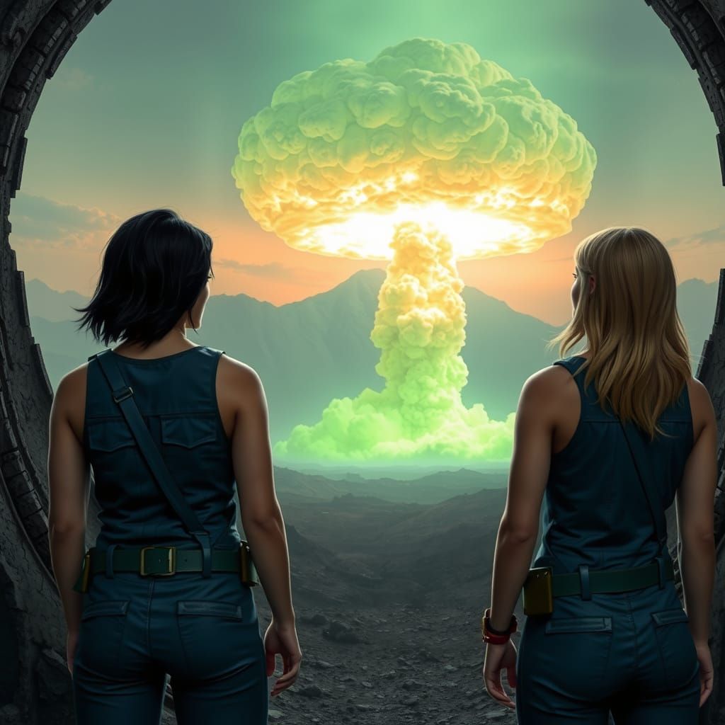 Two Female Vault-Dwellers Gaze Out at a Toxic Mushroom Cloud