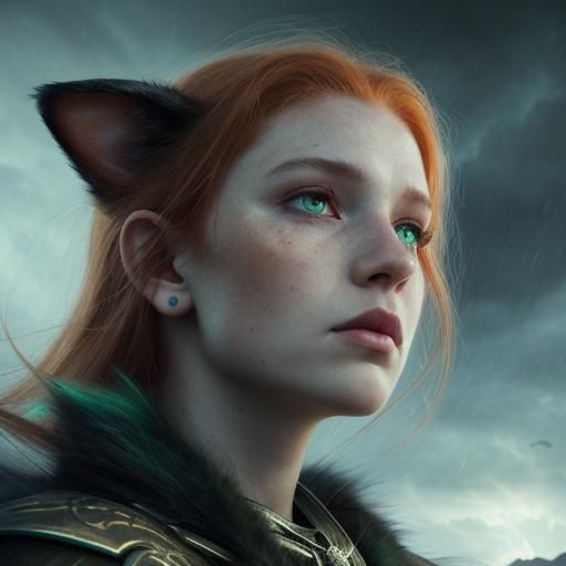 Emerald-Eyed Ginger Cat Portrait in Fantasy Style