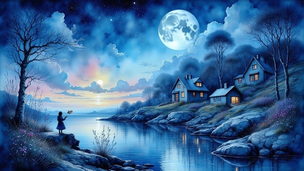 Dreamlike Blue Landscape in Surrealist Style
