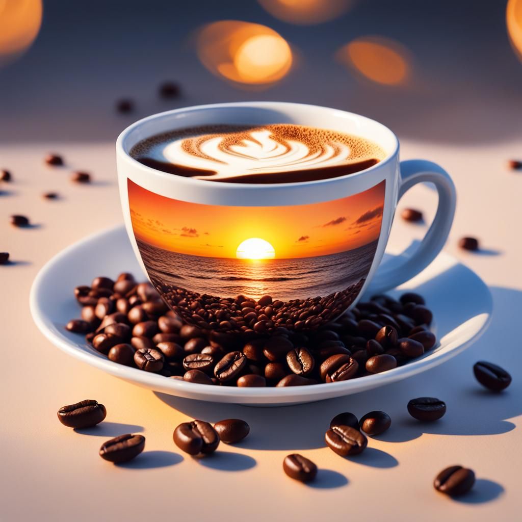 Coffee Beans in Cup at Sunset: Double Exposure