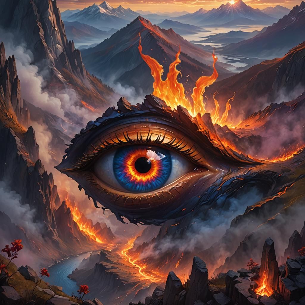 Fiery Eye Over Mountainous Terrain, Fantasy Concept Art