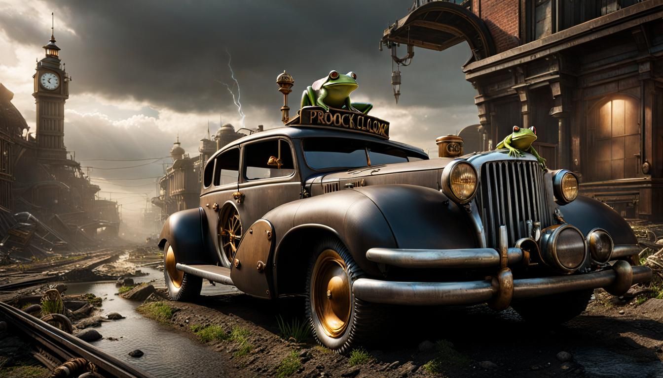 Steampunk Frog Flies Over Wasted Waterland
