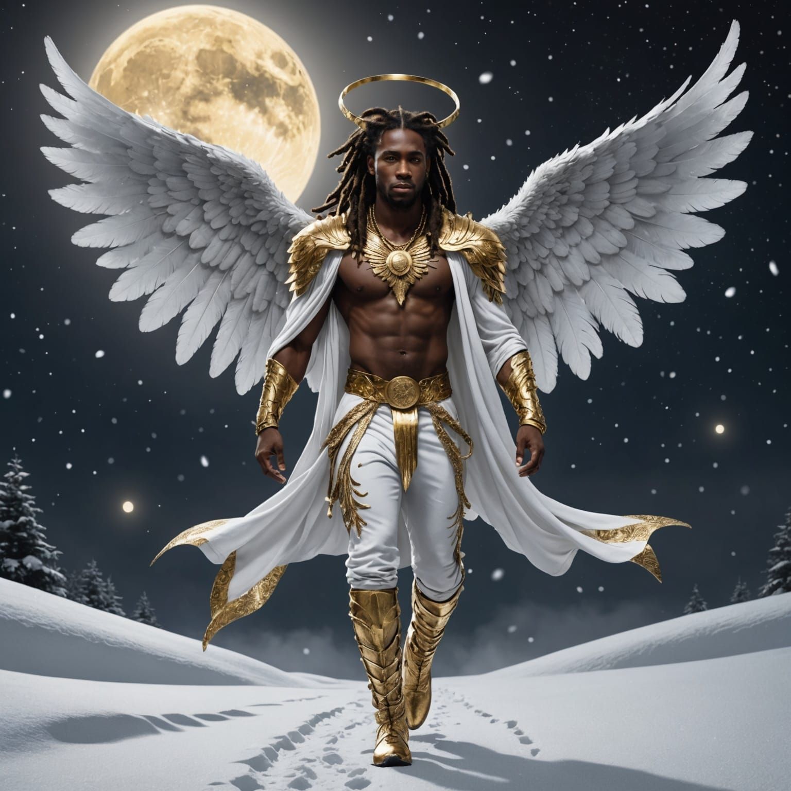 Black Angel Walking in Snow on a Full Moon