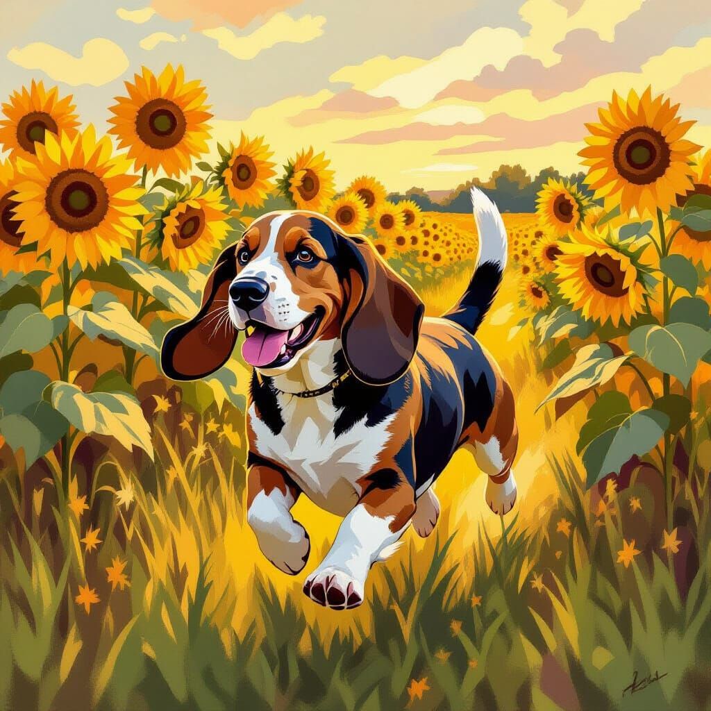 Impressionist Basset Hound in Sunflowers