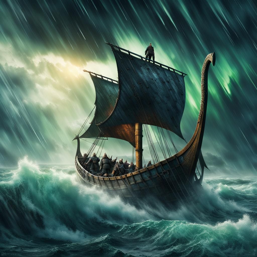 Viking Drakkar Under Aurora Boreal: Digital Matte Painting