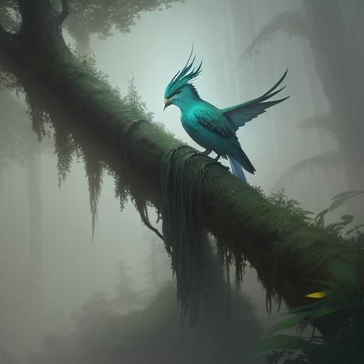 Songwing Perched in Misty Forest: Impressionist Style