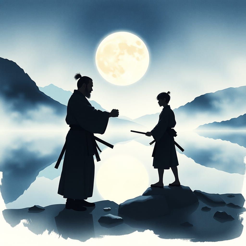 Master and Student Under Moonlit Lake Miyagi