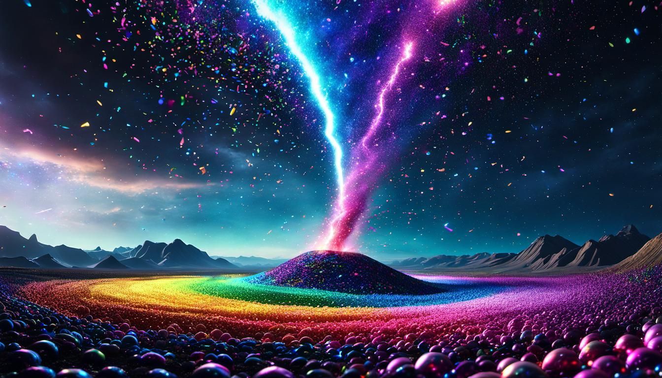 Glitter Tornado Over Alien Landscape, Digital Illustration