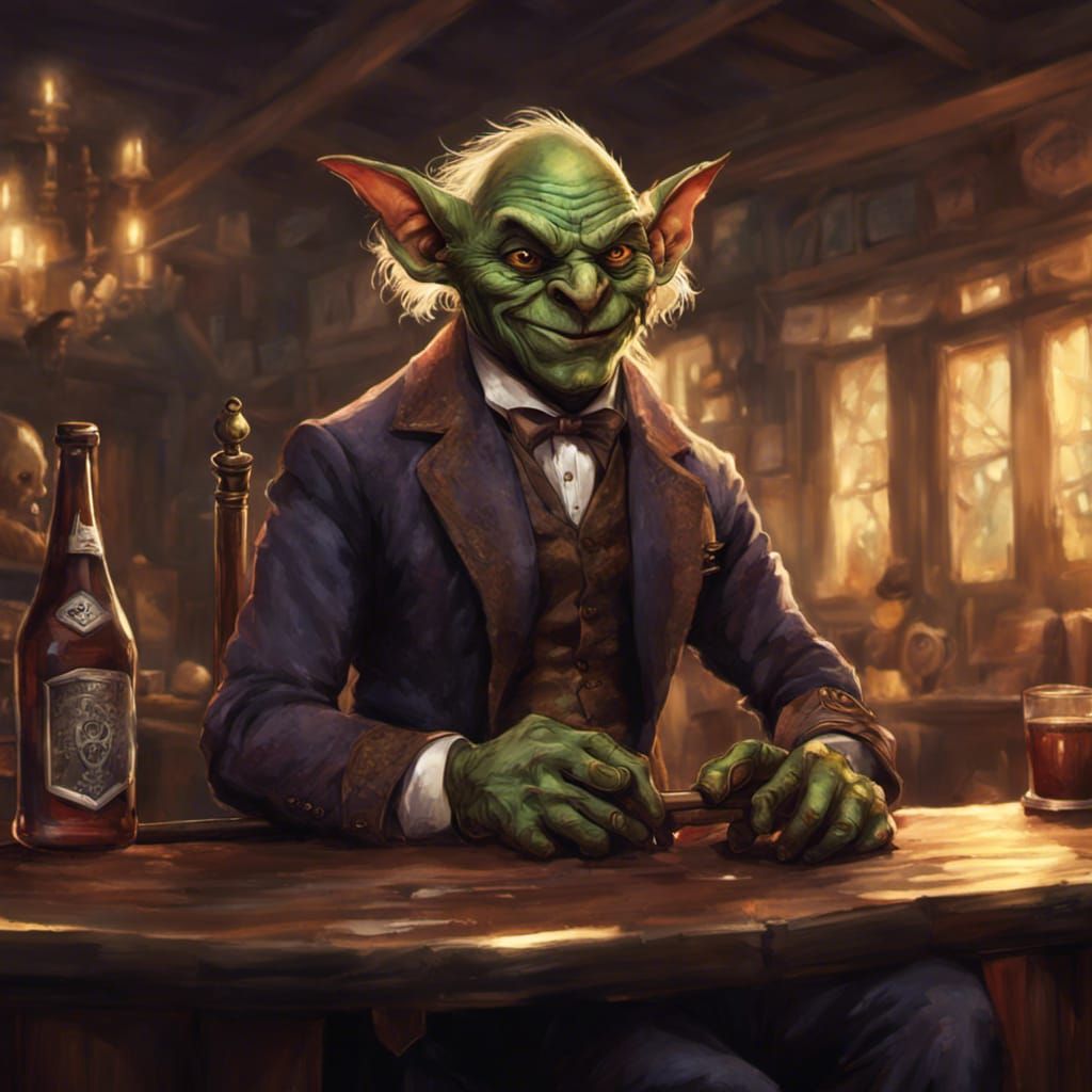 Dapper Goblin Gentleman in Tavern, Hyperrealistic Concept Ar...
